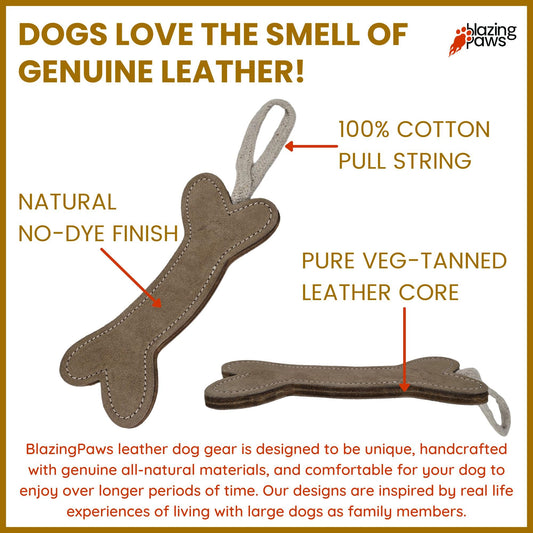 BlazingPaws® Natural Leather Dog Chew Toy, 8 Inch Bone, Premium Veg-Tanned Thick Leather Core with No Synthetic Dyes or Fillings, for Medium Dogs and Large Breed Puppies