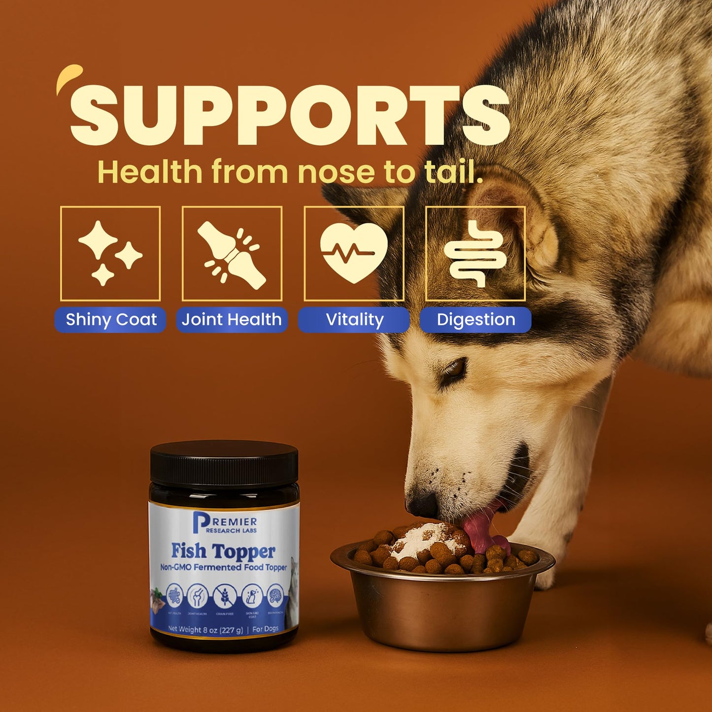 Premier Research Labs Fish Topper - Dried Dog Food Topper for Pets, Meal Mix Ins for Kibble, Supports Gut & Joint Health, Natural Source of Protein, Fermented, Grain Free, Non GMO - 16 oz