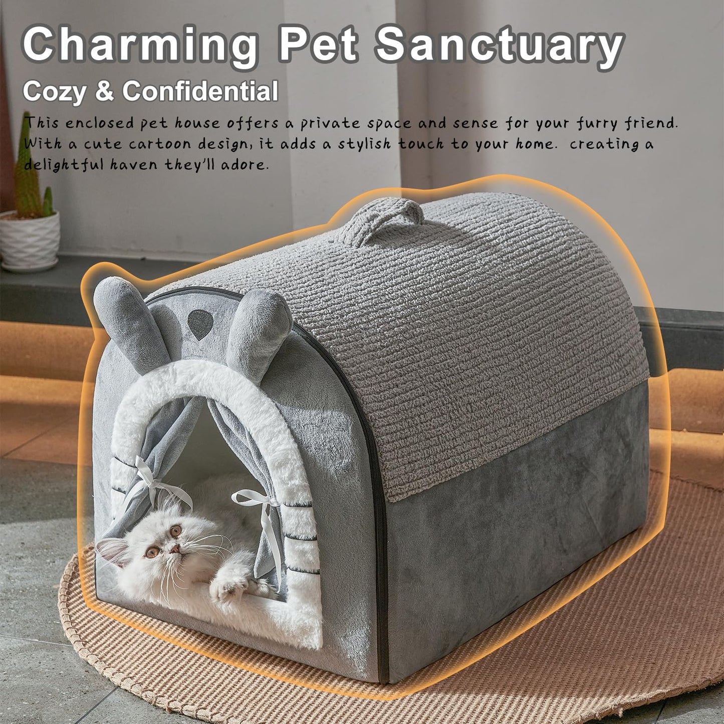 Jiupety Small Dog House Indoor, Dog Cave with Door Curtain Design, Puppy House with Reversible Washable Cushion, M Size Portable Pet Cave for Small Dogs Up to 12 Lbs, Non-Slip Bottom, Grey