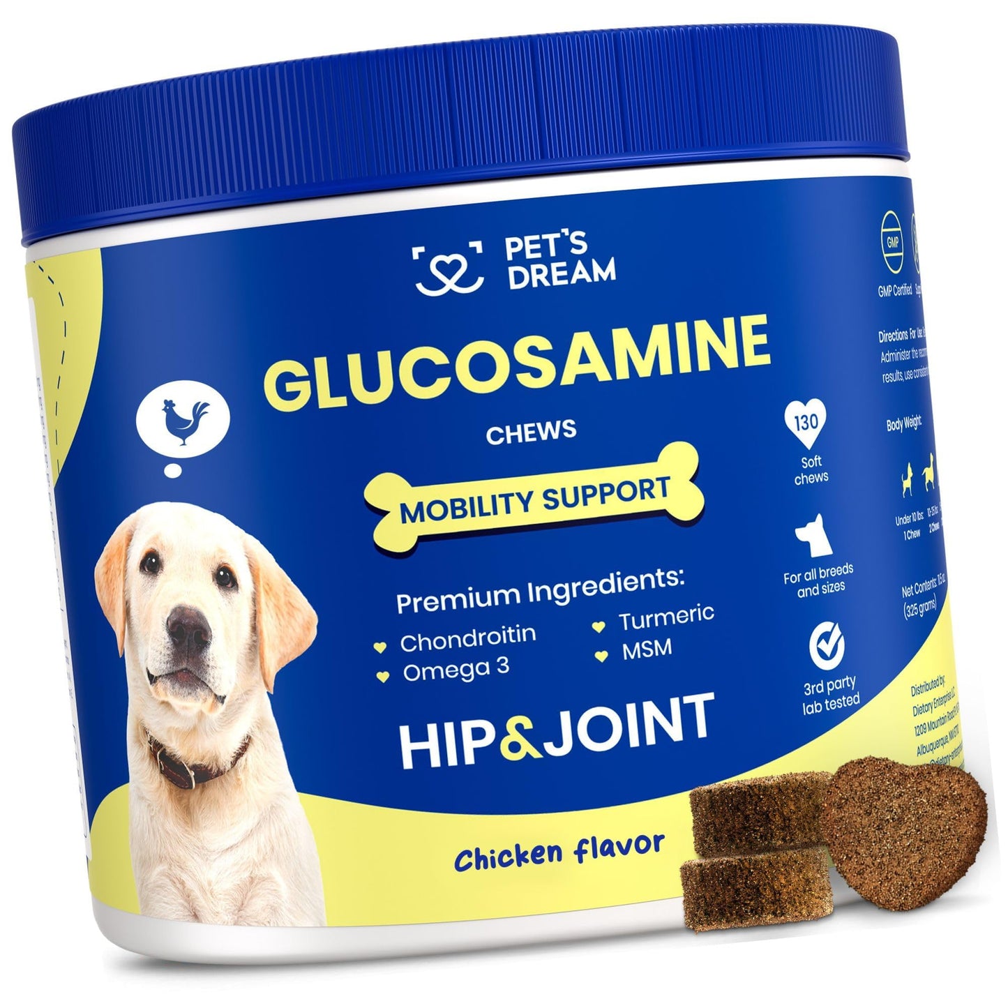 PET'S DREAM Hip and Joint Glucosamine for Dogs, Mobility Support Joint Supplement for Dogs with Chondroitin & MSM, Dog Hip and Joint Supplement Large & Small Breed, Chicken Flavor 128 Chews