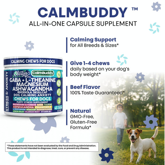CalmBuddy Calming Chews for Dogs with GABA, L-Theanine, Magnesium, Ashwagandha, Rhodiola & Skullcap – Natural Pet Supplement – 90 Soft Chews – Clean Nutra Pet Formula for All Dog Breeds & Sizes