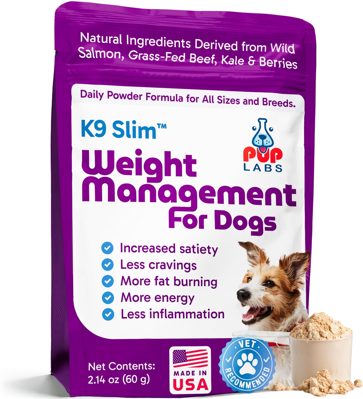 Pup Labs K9 Slim Dog Weight Loss Supplement, Natural Weight Management Dog Food Topper for Less Cravings, More Fat Burning and Energy, 2.14 oz Bag