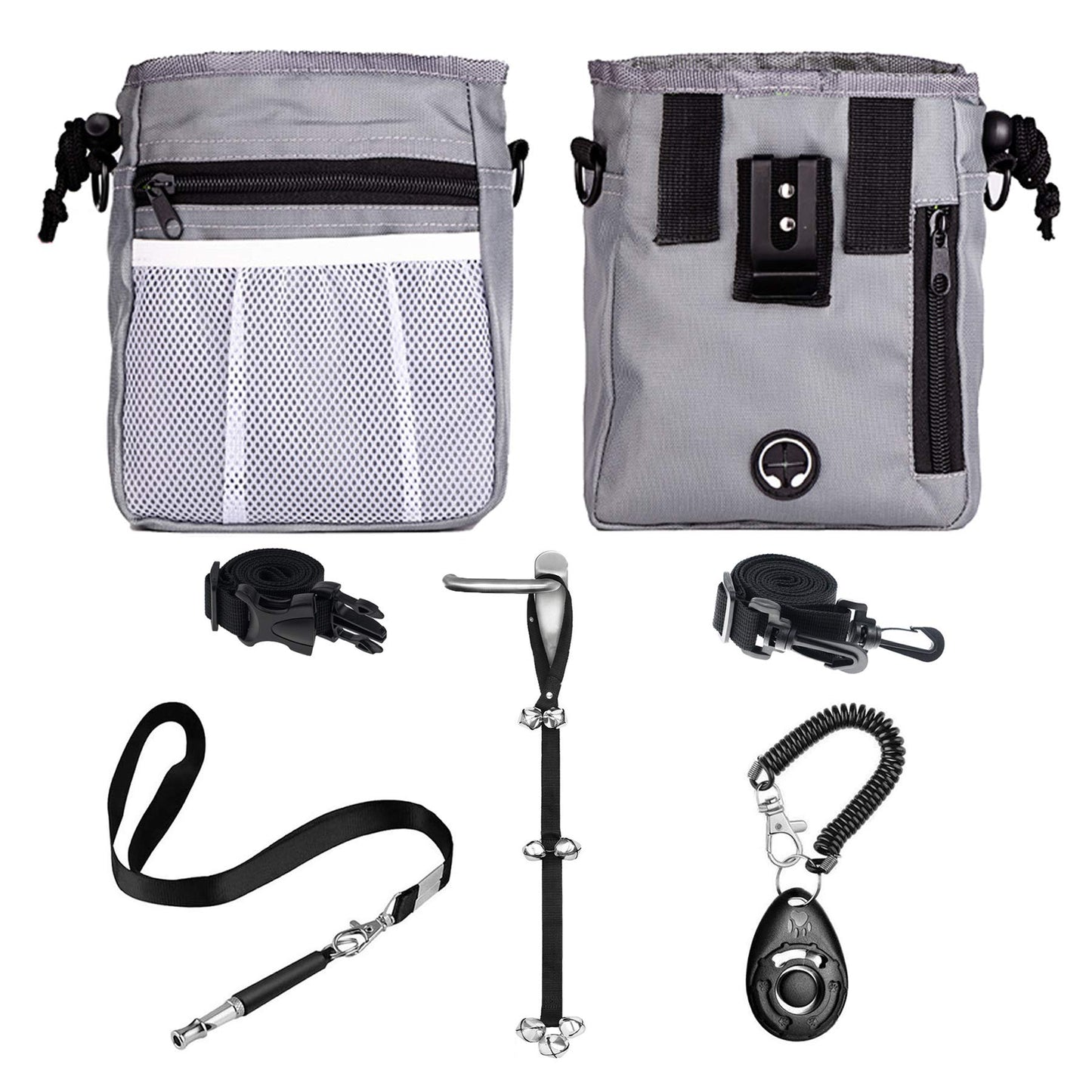 D-BUY 4-in-1 Dog Training Set, Puppy Training Treats- Dog Treat Training Pouch, Bark Control Whistle, Dog Doorbells, Dog Clicker, Ideal Gift for First Time Pet Owners, Training Dog Owners (Gray)