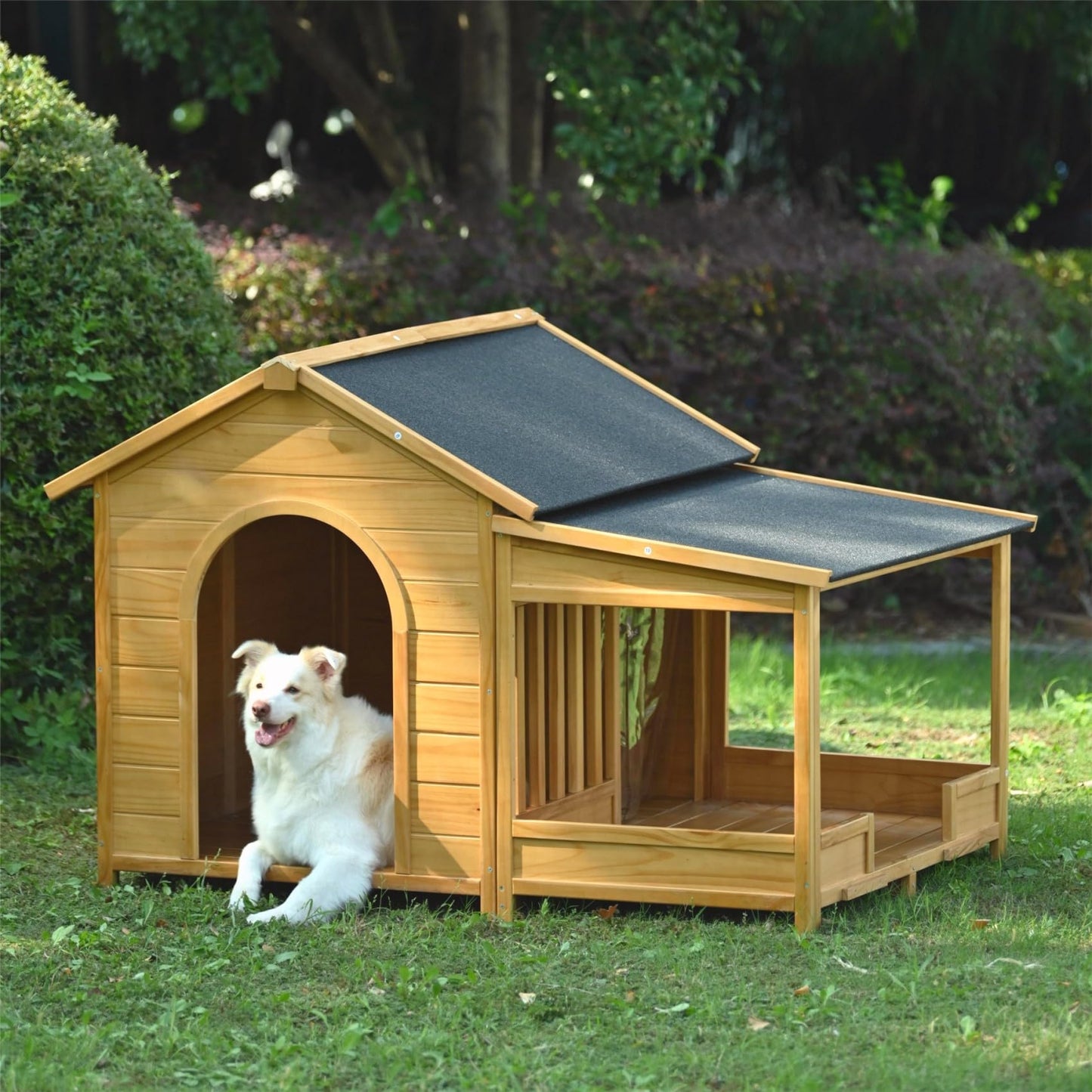 Merax 60.2" Wooden Dog House Outdoor, Extra Large Breed Outside Kennel with Weatherproof, Asphalt Roof, Elevated Floor, Fencing and Porch, for Medium & Large Dogs