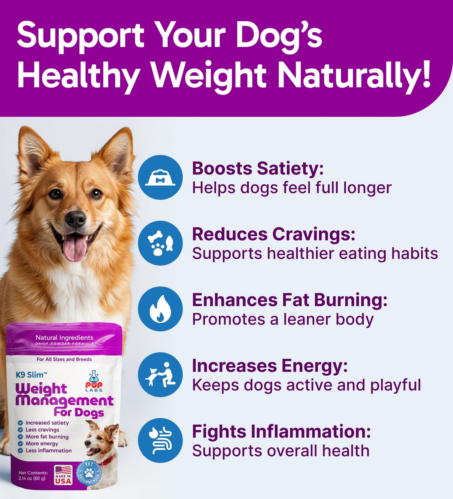 Pup Labs K9 Slim Dog Weight Loss Supplement, Natural Weight Management Dog Food Topper for Less Cravings, More Fat Burning and Energy, 2.14 oz Bag