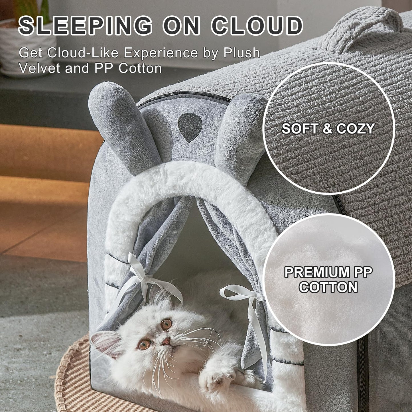 Jiupety Small Dog House Indoor, Dog Cave with Door Curtain Design, Puppy House with Reversible Washable Cushion, M Size Portable Pet Cave for Small Dogs Up to 12 Lbs, Non-Slip Bottom, Grey