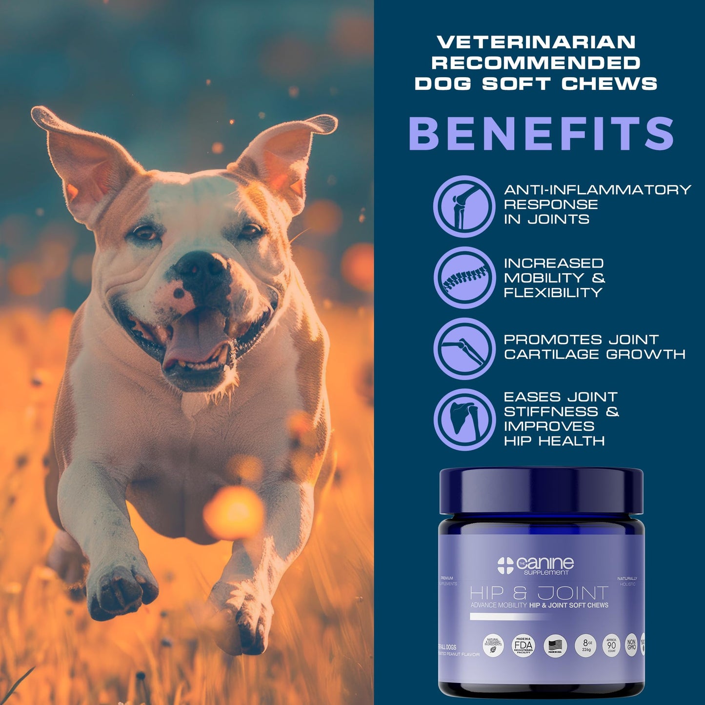 The Canine Supplement – Joint Support for Dogs | Soft Chews with Glucosamine, Chondroitin, MSM & Turmeric | Helps Mobility, Flexibility & Pain Relief | Roasted Peanut Flavor, 90 Count