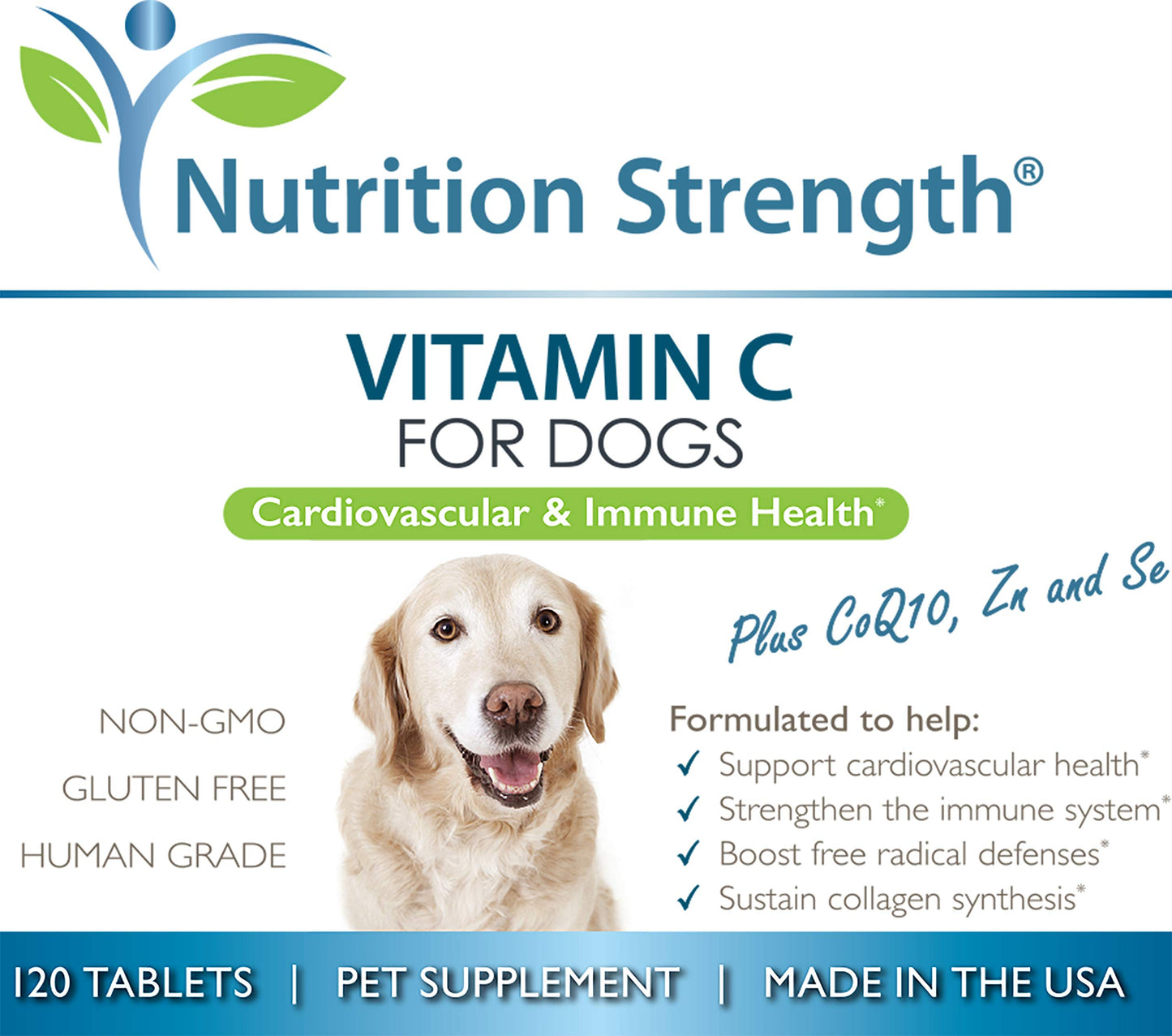 Nutrition Strength Vitamin C for Dogs to Support Cardiovascular Health, Help Strengthen The Immune System, Boost Free Radical Defenses and Sustain Collagen Synthesis, 120 Chewable Tablets