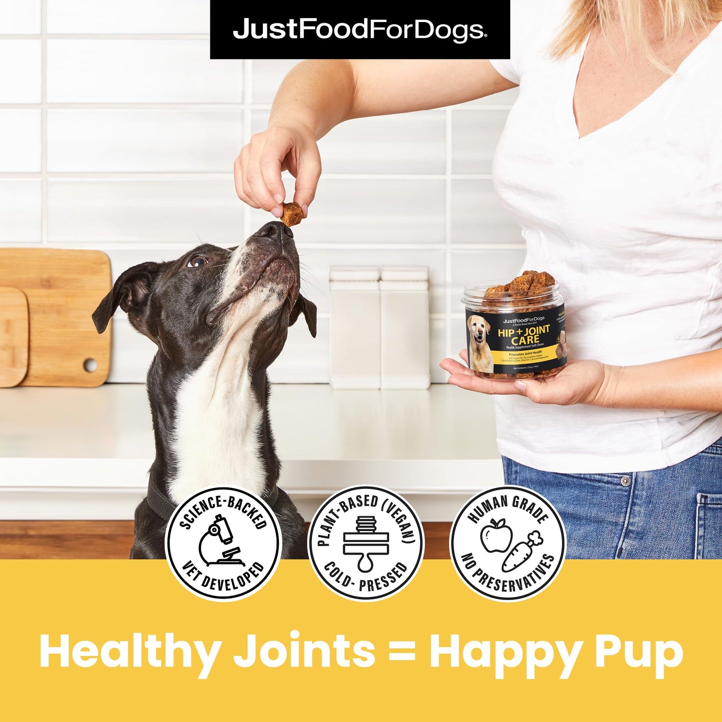 JustFoodForDogs Hip + Joint Soft Chews Mobility Supplement for Dogs with Glucosamine and Chondroitin, Superfood Blend, Human Grade, Plant-Based - 45 Count