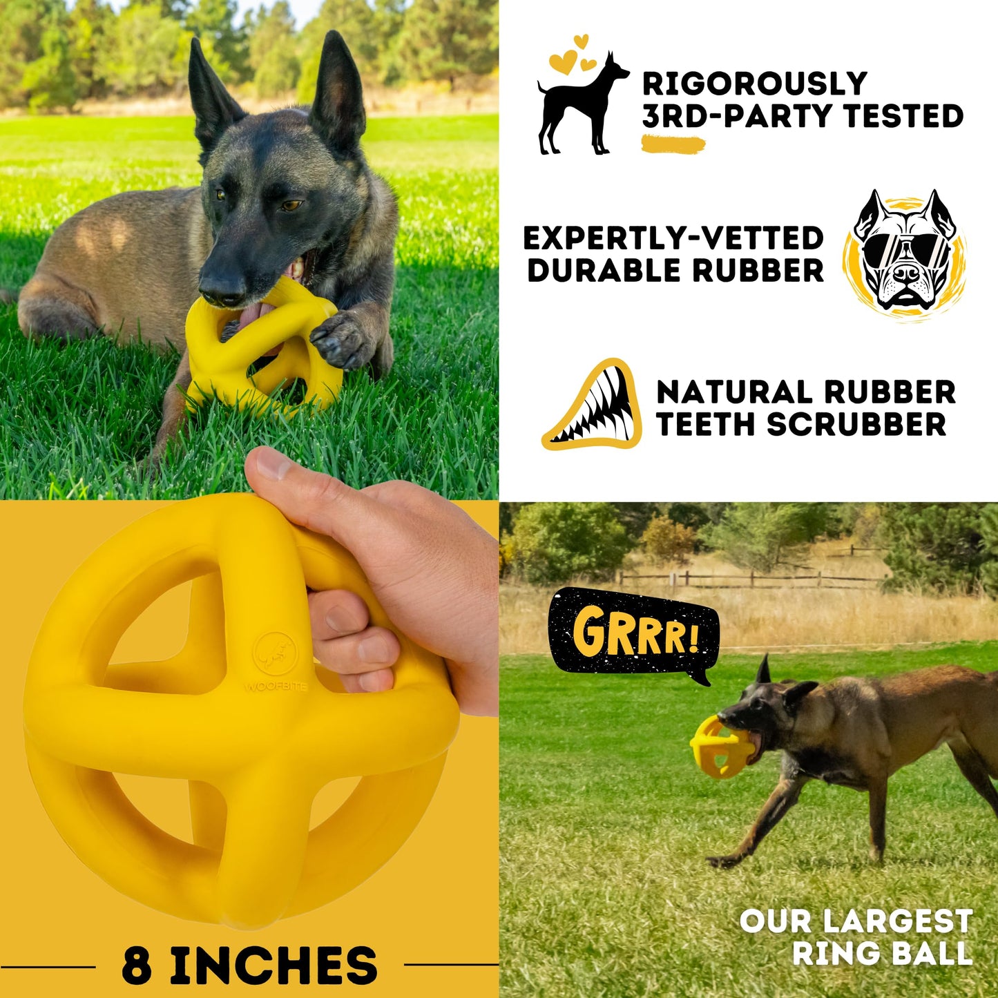 WoofBite Indestructible Giant XL Dog Ball - Lifetime Replacement - Durable Toy for Aggressive Chewers - Safe, Non-Toxic Natural Rubber - Chew, Tug & Fetch - Tough, Heavy Duty - Large Breed, Massive 8”