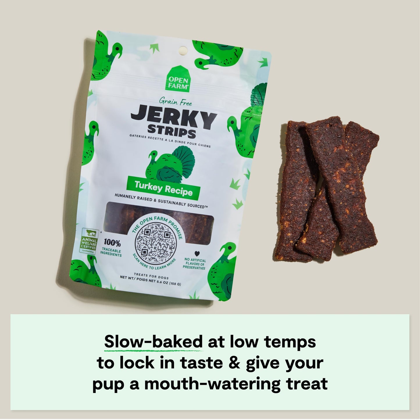 Open Farm, Dog Jerky Treats, Soft & Chewy Oven-Baked Jerky Strips Made with Ethically & Sustainably Sourced Ingredients, Protein Packed Dog Treats, Grain-Free Turkey Recipe, 5.6oz Pouch