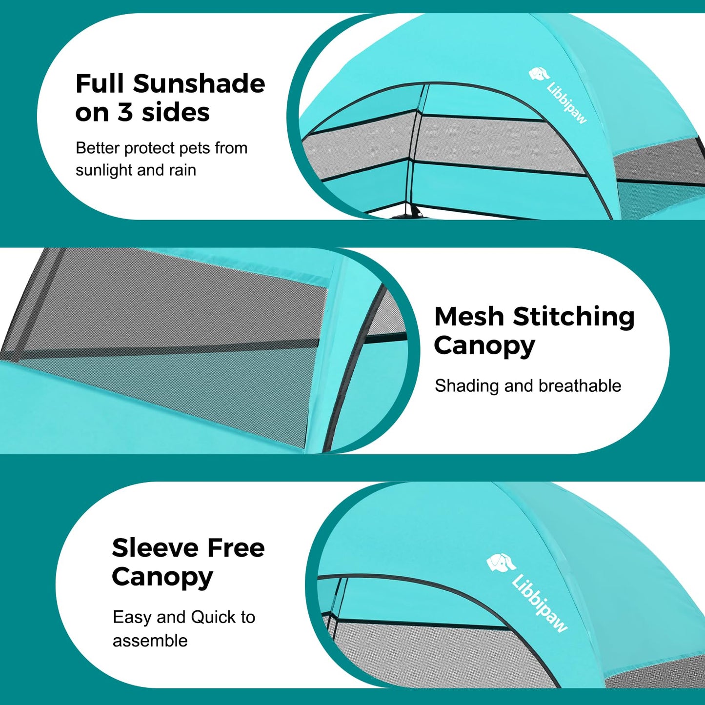 Libbipaw Windproof Elevated Dog Bed with Canopy & Stakes, 3-Sided 90% UV Block, Chew-Proof Teslin Mesh Mat for Large Dogs up to 150lbs(Blue Large)