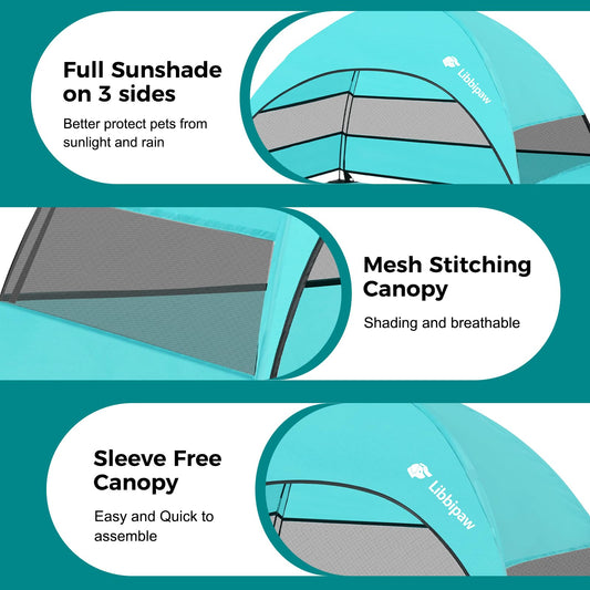 Libbipaw Windproof Elevated Dog Bed with Canopy & Stakes, 3-Sided 90% UV Block, Chew-Proof Teslin Mesh Mat for Large Dogs up to 150lbs(Blue Large)