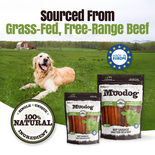 Moodog Beef Sausage Dog Treats - 20 Pack of Soft, All-Natural Grain-Free Chews for Dogs - Supports Dental Health, Joint Care & Stress Relief - No Artificial Additives