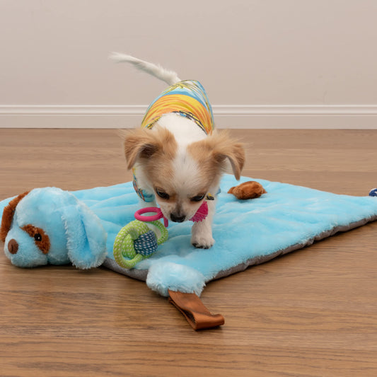 EZDOM Puppy Play Mat with Toys for Small Breeds - Blue, 23”x20” - Multi-Functional Interactive Toy and Sleeping Pad with Detachable Dog Toys for Small Dogs to Keep Busy, Puppy Gifts for New Owner