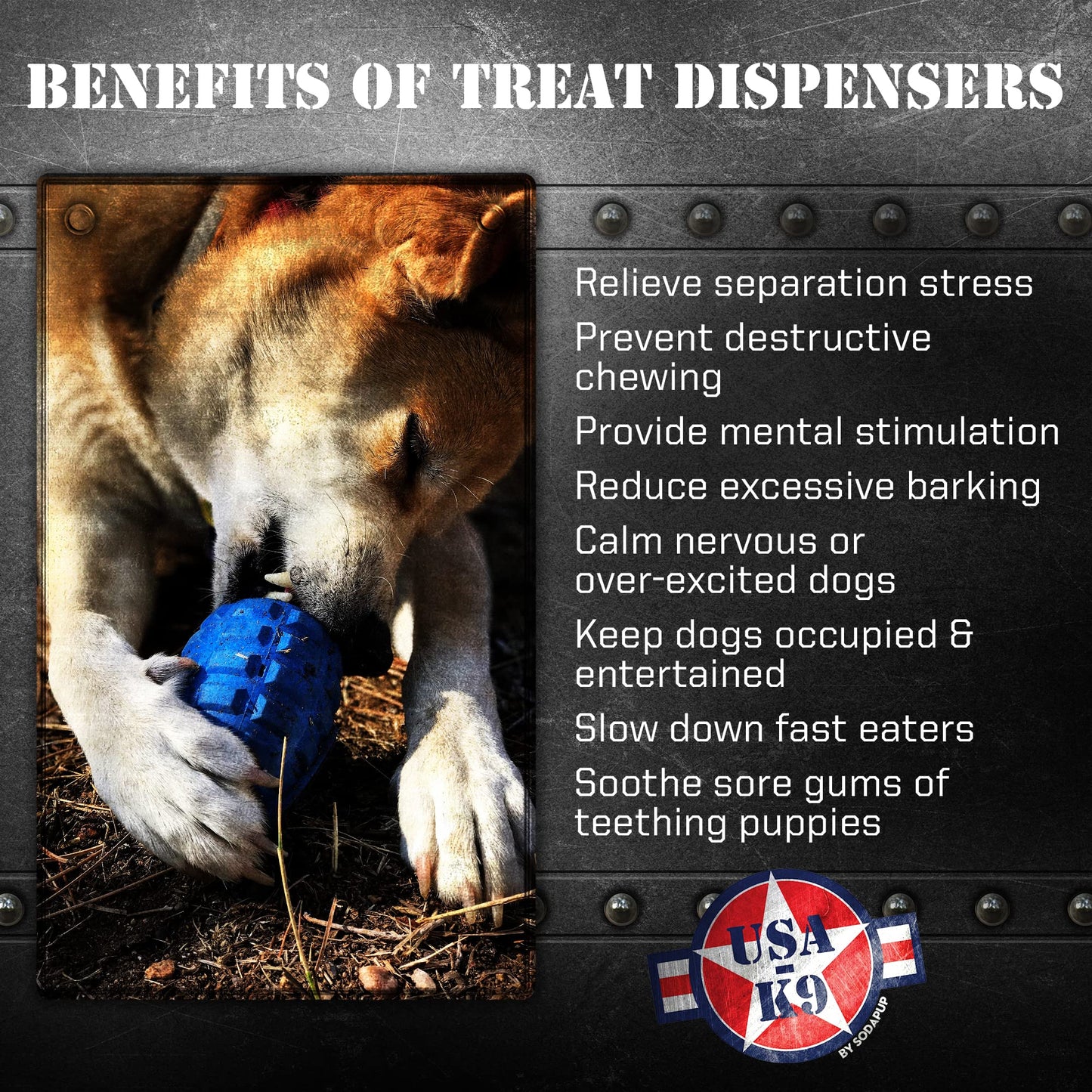 SodaPup USA-K9 Grenade – Durable Dog Treat Dispenser and Chew Toy Made in USA from Non-Toxic, Pet Safe, Food Safe Natural Rubber Material for Mental Stimulation, Problem Chewing, Calming Nerves & More