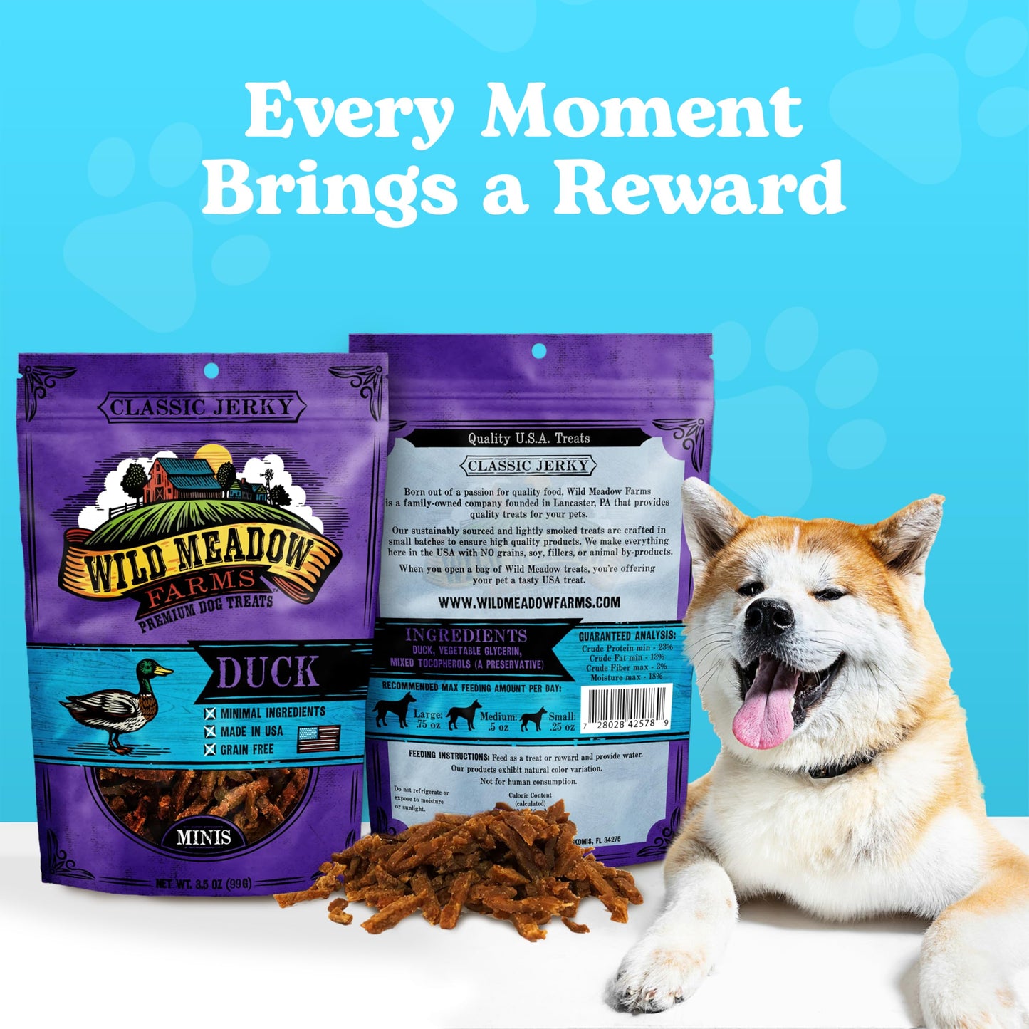 Wild Meadow Farms - Classic Duck Minis, Soft Jerky Training Treats for Dogs, Grain-Free, All-Natural & Perfectly Sized for Training, High-Value Rewards in a Convenient 3.5 Ounce Pouch
