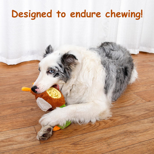 Hollypet Squeaky Plush Stuffed Dog Puzzle Toy with Slow Feeder Bowl, Interactive Chew Toy for Small and Medium Dogs, Wild Duck