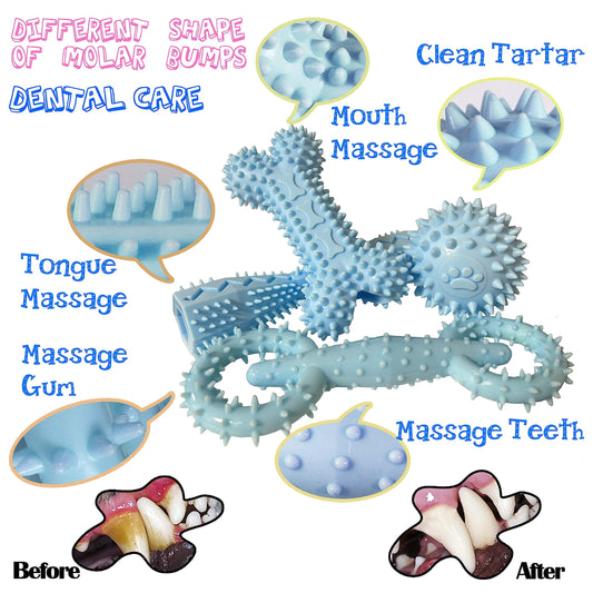 Cdyzqikm 4 Pack Puppy Teething Toys 0-6 Months Dog Chew Toy Cute Rubber Bone,Teeth Clean Ball,Interactive Donut,Treat Dumbbell for Small Dogs(Blue)