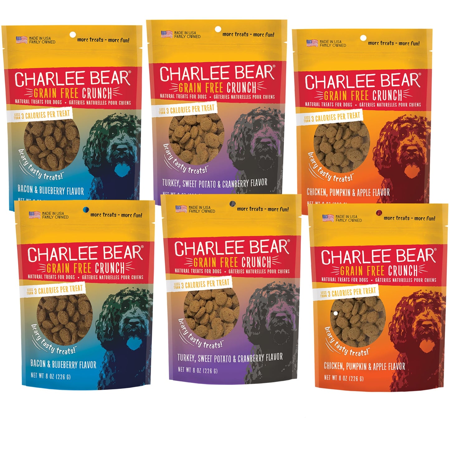 Charlee Bear Dog Training Treats for Small, Medium & Large Breeds, Crunchy Low Calorie Grain Free Dog Treats, USA Made, Three Flavor Variety 6 Pack, 8oz Each