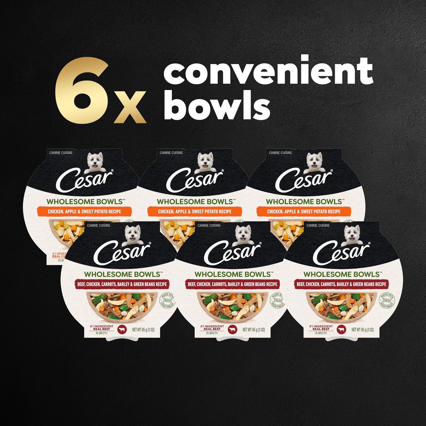 Cesar Wholesome Bowls Adult Wet Dog Food, Beef, Chicken, Carrots, Barley & Green Beans Recipe and Chicken, Apple & Sweet Potato Recipe Variety Pack, 3 oz. (6 Count, Pack of 1)