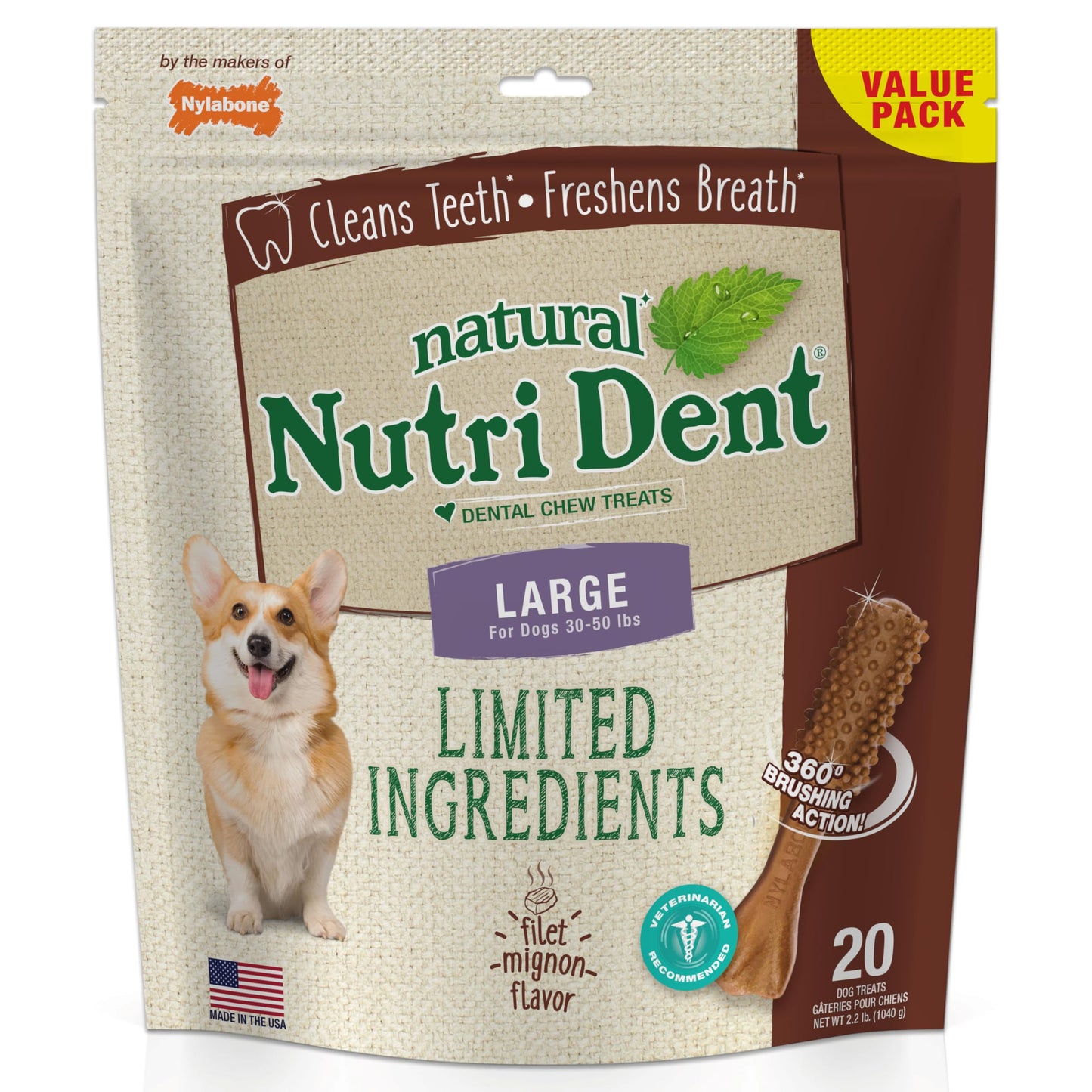 Nylabone Nutri Dent Dog Dental Chews - Natural Dog Teeth Cleaning & Breath Freshener - Dental Treats for Dogs - Filet Mignon Flavor, Large (20 Count)