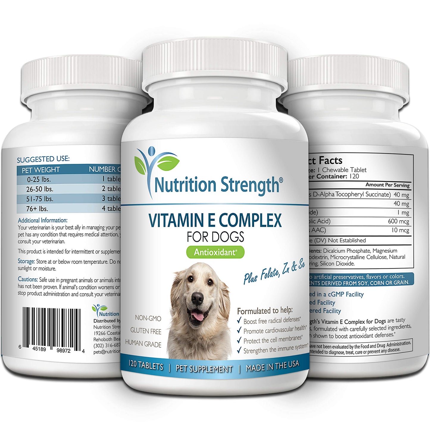 Nutrition Strength Vitamin E for Dogs, Promote Cardiovascular Health, Support Cell Membranes, Vitamin E Complex to Boost Dog Immune System Plus Zinc, Selenium, Folate, Salmon Oil, 120 Chewable Tablets