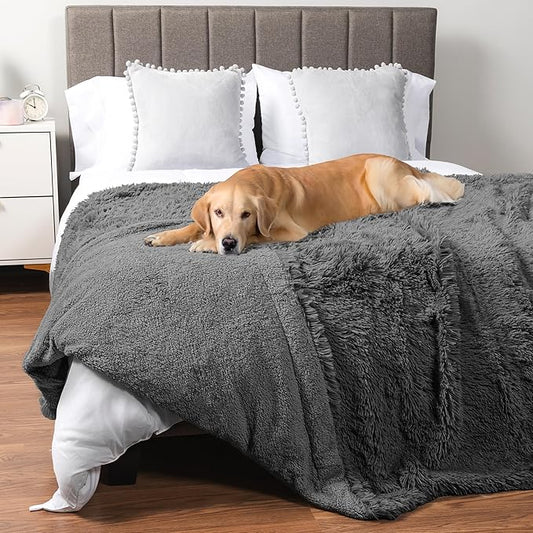PetAmi Waterproof Dog Blanket for Large Dog, Queen Size Calming Pet Blanket Couch Cover Protector, Sherpa Faux Fur Cat Throw for Sofa Furniture Bed, Soft Fluffy XL, 90x90 Gray