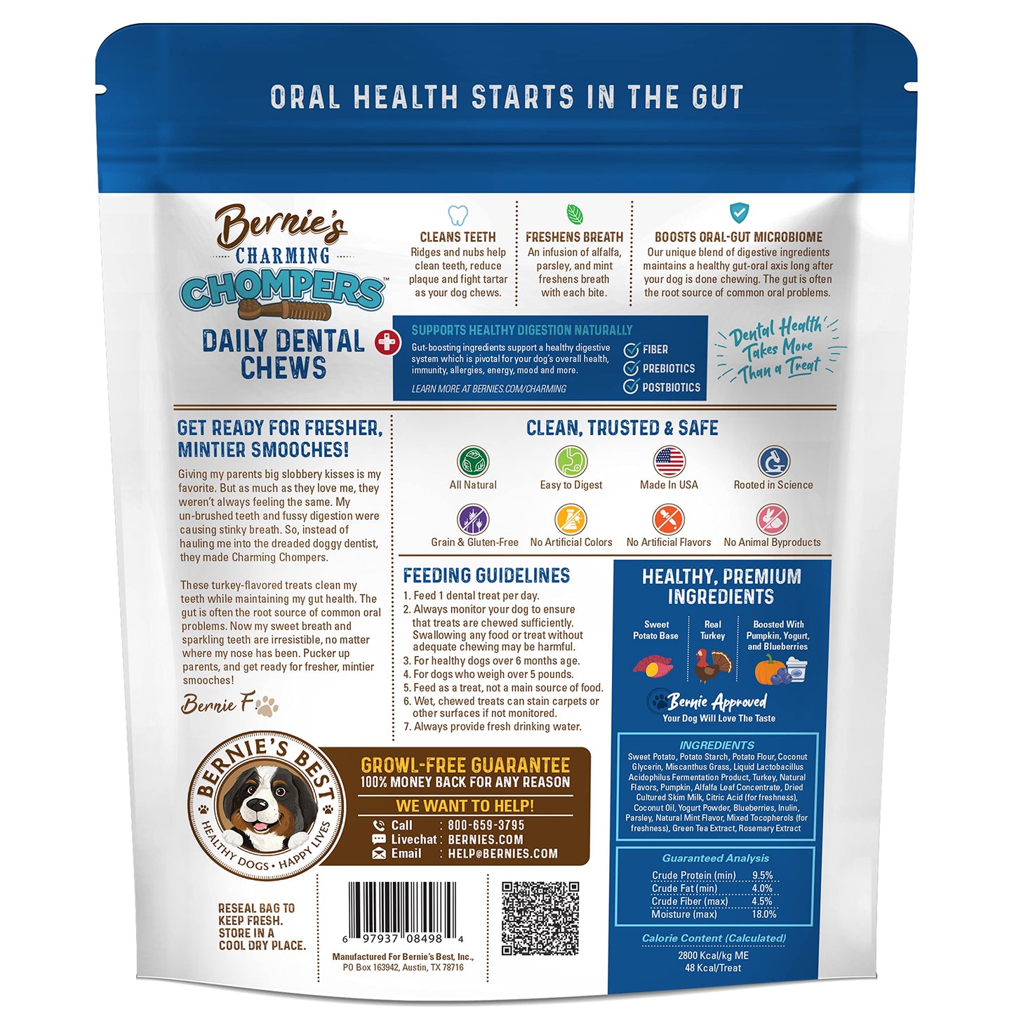 Bernie's Charming Chompers - Daily Dental Chews for Dogs 15-25 Lbs. - 30 Count - Cleans Teeth, Freshens Breath, + Boosts Oral-Gut Microbiome. Easy to Digest, Supports Healthy Digestion Naturally