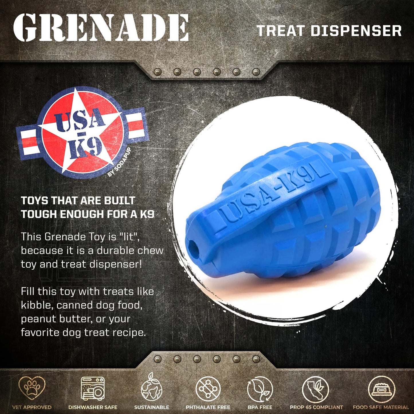 SodaPup USA-K9 Grenade – Durable Dog Treat Dispenser and Chew Toy Made in USA from Non-Toxic, Pet Safe, Food Safe Natural Rubber Material for Mental Stimulation, Problem Chewing, Calming Nerves & More
