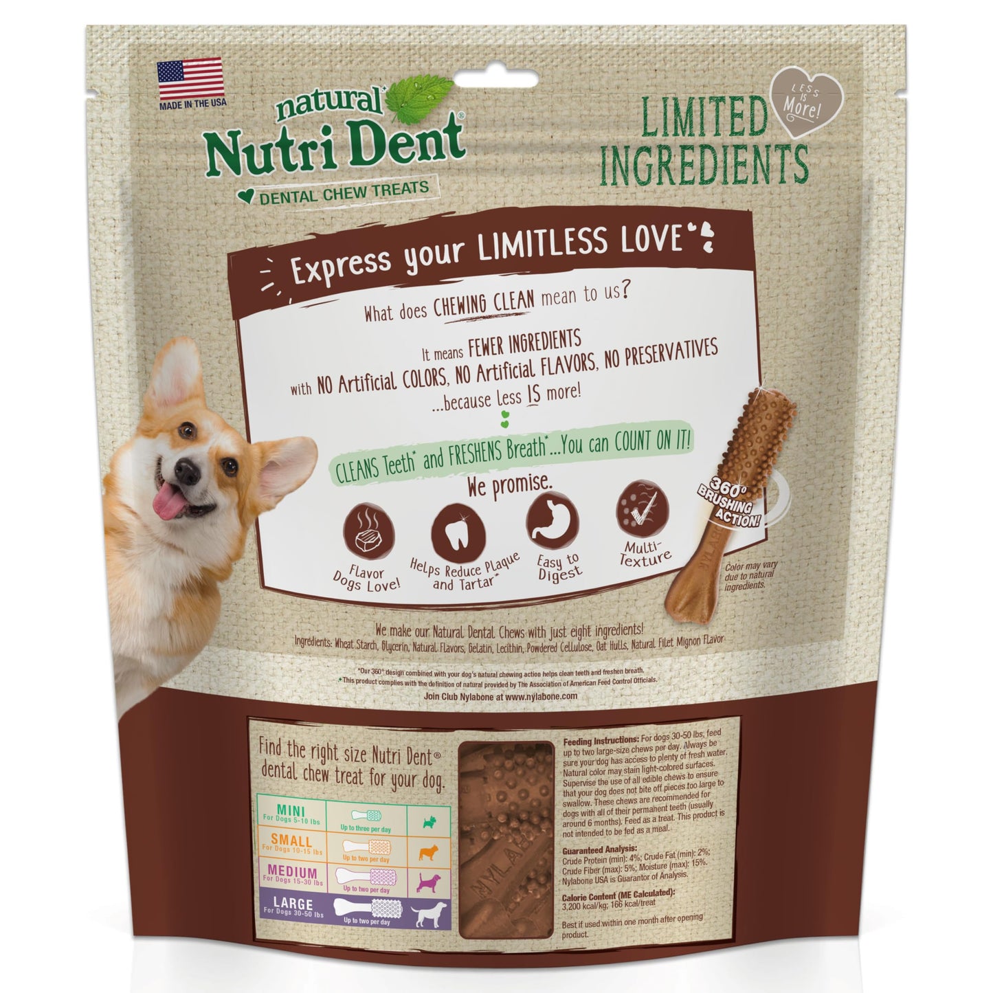 Nylabone Nutri Dent Dog Dental Chews - Natural Dog Teeth Cleaning & Breath Freshener - Dental Treats for Dogs - Filet Mignon Flavor, Large (20 Count)