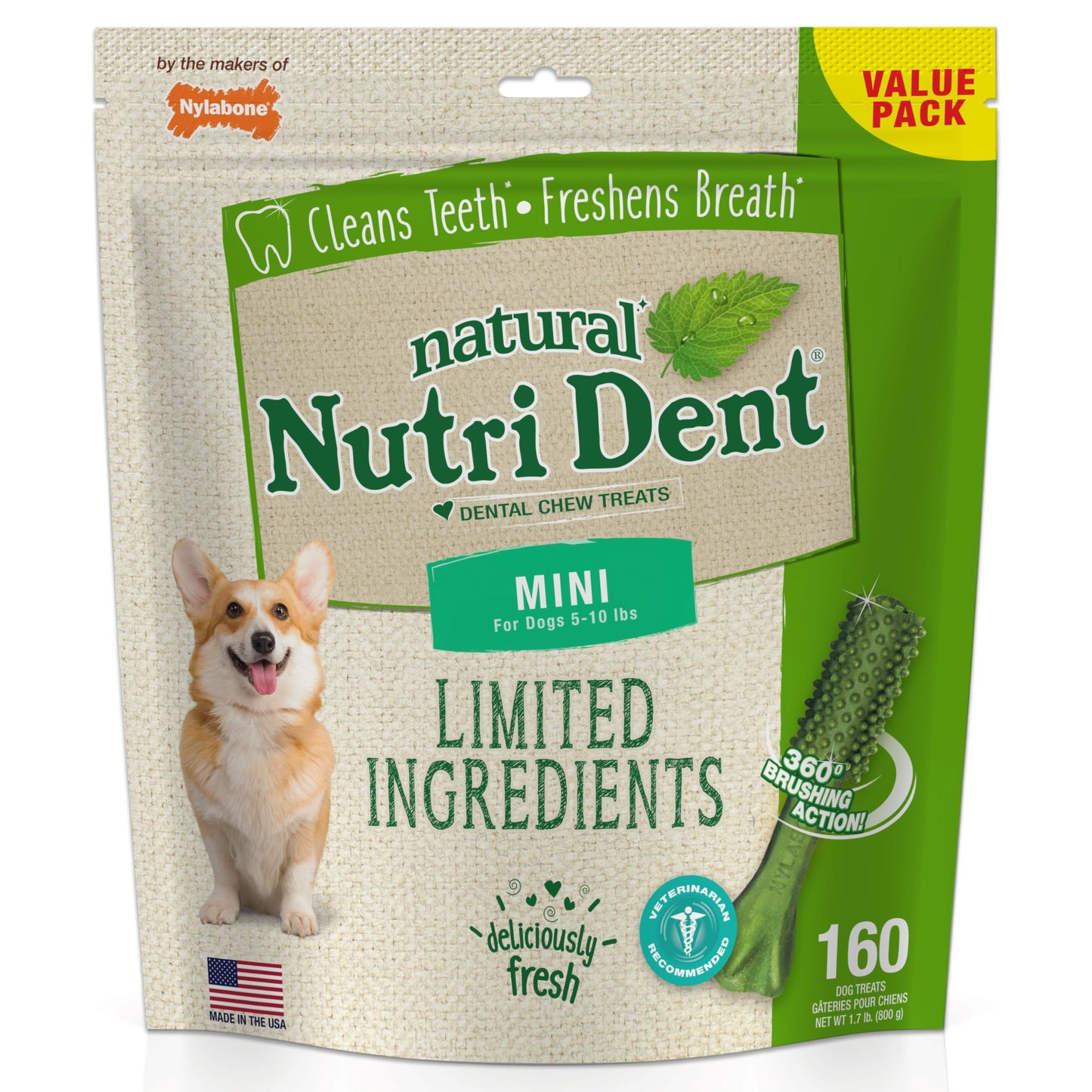 Nylabone Nutri Dent Dog Dental Chews - Natural Dog Teeth Cleaning & Breath Freshener - Dental Treats for Dogs - Fresh Breath Flavor, Mini (160 Count)