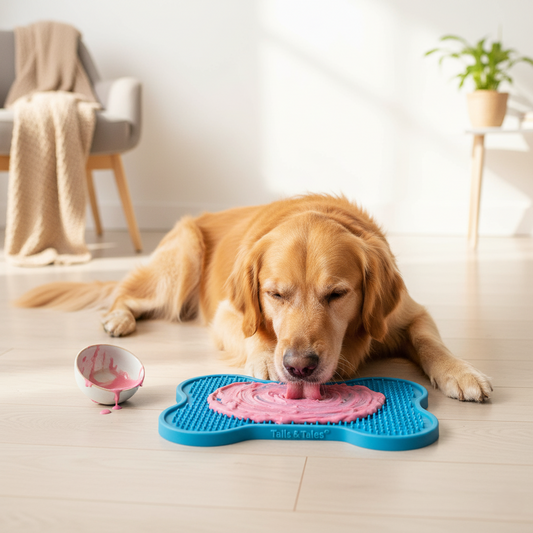 Tails & Tales Pet Licking Mat — non-slip slow feeder mat for dogs and cats to relieve anxiety and promote calm, available at PurePupper