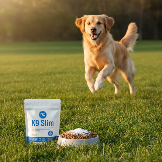 Pup Labs K9 Slim Dog Weight Loss Supplement — natural food topper to reduce cravings and support healthy fat burning, available at PurePupper