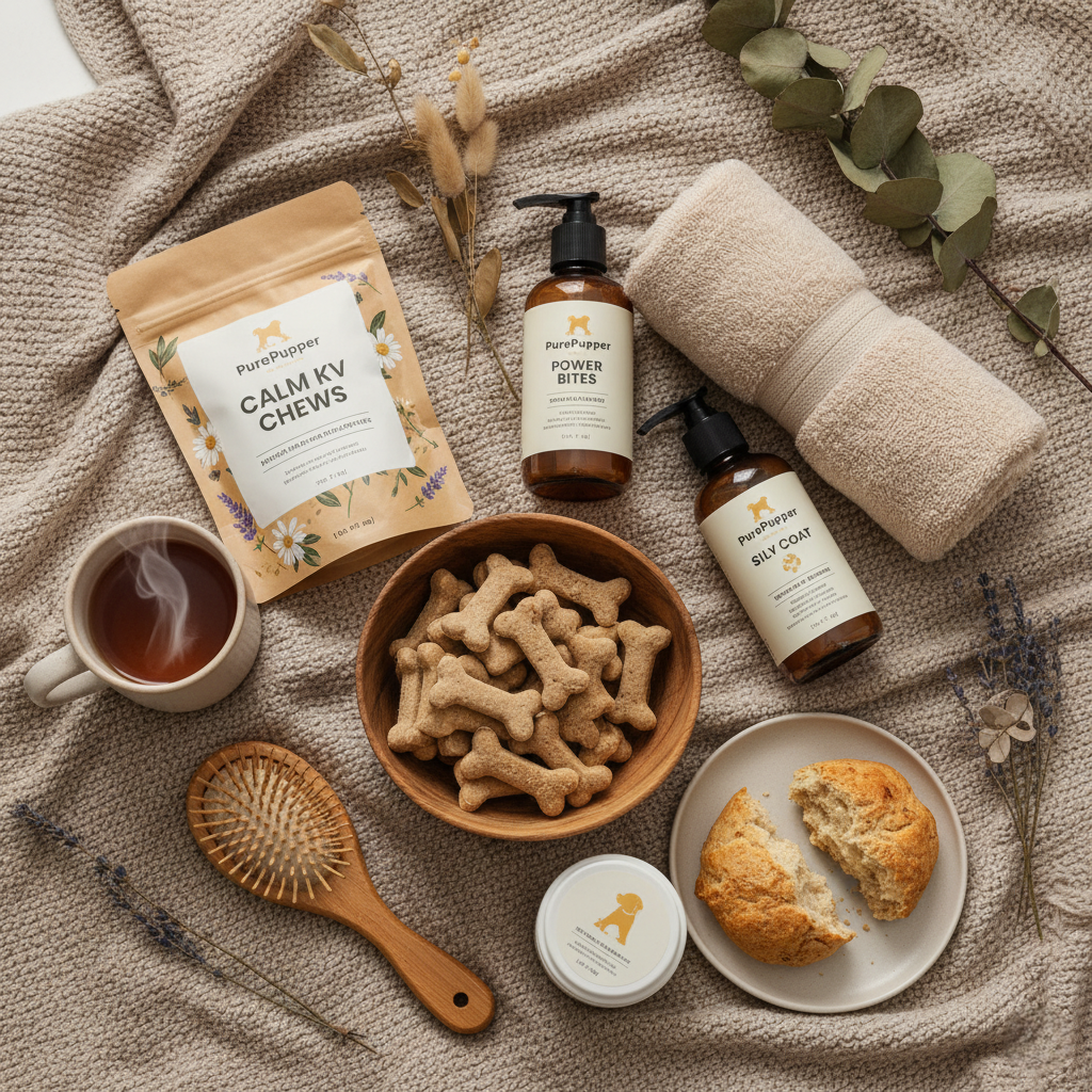 Flat lay of PurePupper’s best-selling dog products including treats, calming chews, and grooming supplies.