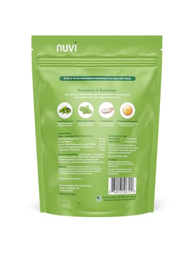 Nuvi Harmony & Behavior Calming Soft Chews for Dogs | Non‑Drowsy Anxiety & Stress Relief Supplement with L‑Tryptophan, Lemon Balm & L‑Theanine | 90 Soft Chews