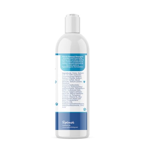 Replenish Aloe and Oatmeal Dog Shampoo - Hypoallergenic Pet Shampoo for Allergies & Sensitive Skin, Medicated Dog Shampoo for Itching Relief & Oatmeal Bath for Dogs Dry Flaky Skin Treatment – 12 Oz