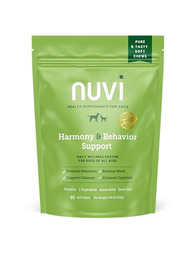 Nuvi Harmony & Behavior Calming Soft Chews for Dogs | Non‑Drowsy Anxiety & Stress Relief Supplement with L‑Tryptophan, Lemon Balm & L‑Theanine | 90 Soft Chews