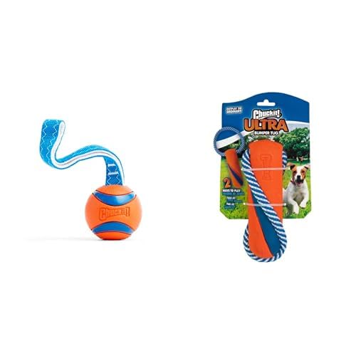 Chuckit! Ultra Dog Toy Bundle - Large 3-inch Ultra Ball Tug Toy (for Dogs 60-100 lbs) & Medium Ultra Bumper Tug Toy - Orange/Blue Interactive Fetch & Tug Toys