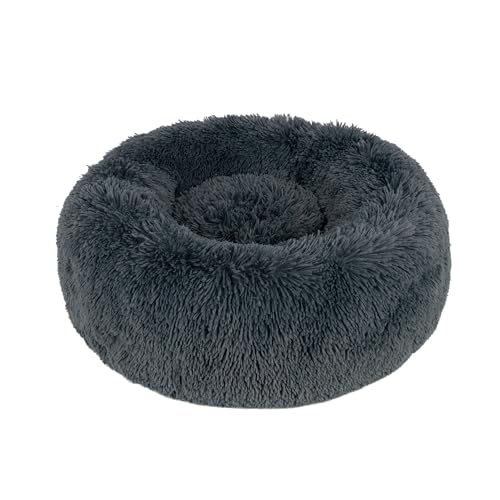 Best Pet Supplies Round Calming Dog Bed with Plush Faux Fur Fabric, Anti-Anxiety Cushion for Indoor Pets, Slip-Resistant Base, Soft Ergonomic Support - Gray, 20x20x6''