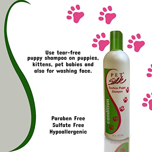 Pet Silk Tearless Puppy Shampoo 16oz, Specially Formulated Tear Free Shampoo for Sensitve Skin & Coat, Effective & Gentle, Fragrance & Dye Free for The at-Home Groomers!