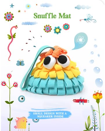 QDX Snuffle Mat for Dogs with Squeaky, Interactive Dog Puzzle for Boredom, Slow Eating, Training Foraging Skills and Stress Relief, Pet Treat Feeding Mat for Dogs Cats (Orange Yellow Blue, Regular)