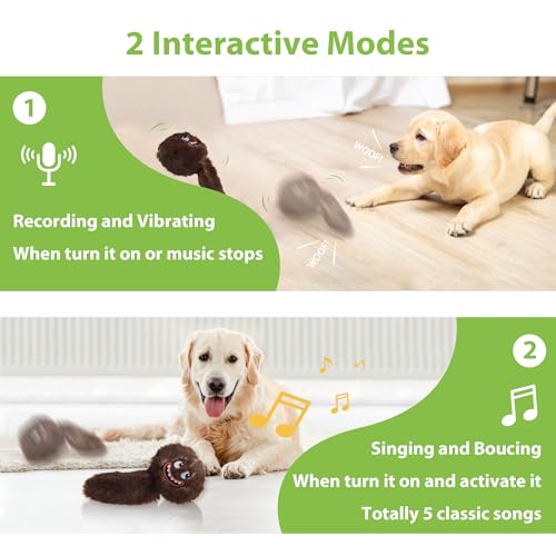 PETGEEK Interactive Squeaky Dog Toy, Automatic Moving Vibrating Dog Balls with Plush Cover, Rechargeable Perro Juguetes with Recording and Music Mode, Crinkle Pet Plush Toy for Boredom, Brown