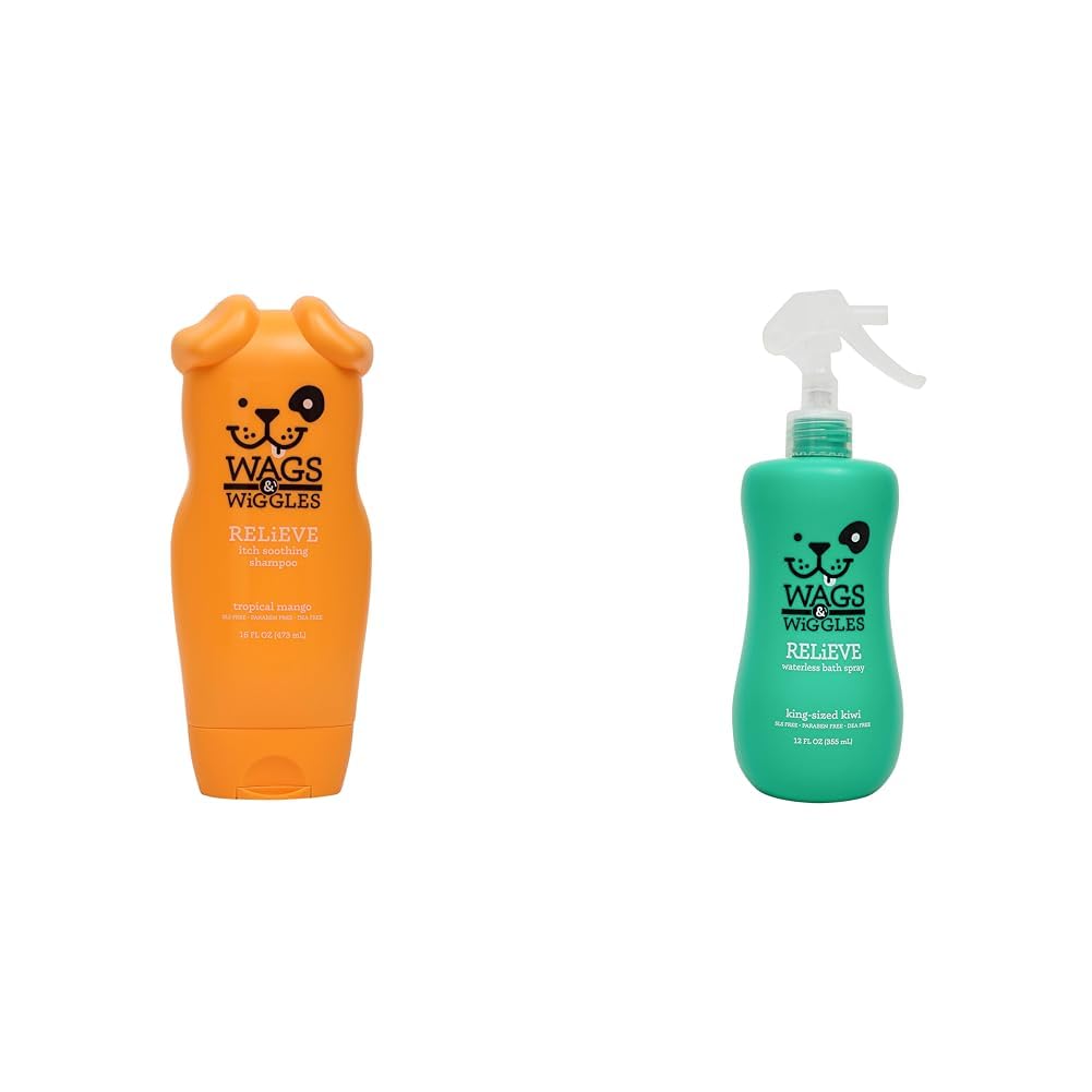 Wags & Wiggles Relieve Anti-Itch Bundle: Dog Shampoo, Fresh Mango Scent, 16 Oz & Waterless Dry Shampoo Spray, Kiwi Scent, 12 Oz - for Dogs with Dry, Itchy, or Sensitive Skin