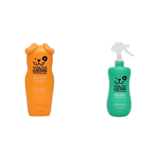 Wags & Wiggles Relieve Anti-Itch Bundle: Dog Shampoo, Fresh Mango Scent, 16 Oz & Waterless Dry Shampoo Spray, Kiwi Scent, 12 Oz - for Dogs with Dry, Itchy, or Sensitive Skin