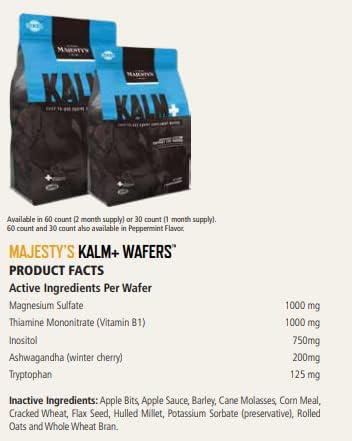 Majesty's Kalm Wafers - Supports Horse / Equine Balanced Behavior and Normal Nervous System Function - Tryptophan, Vitamin B1, Winter Cherry, Inositol - 60 Count (2 Month Supply)