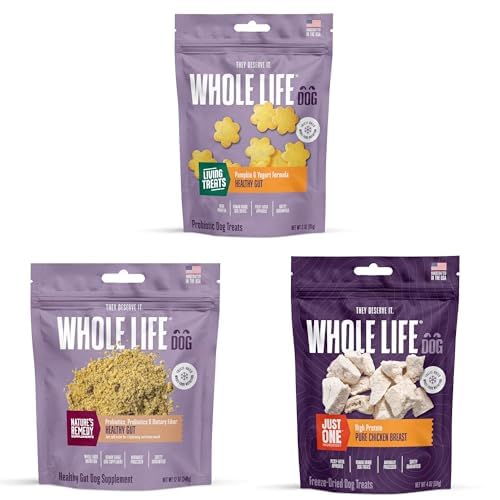 Whole Life Dog Gut Health Bundle – Living Treats with Pumpkin, Healthy Gut Daily Probiotic Supplement, Just One Chicken Freeze-Dried Dog Treats – Digestive Support, Human Grade, USA Made