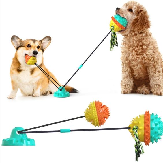 Dog Chew Toy for Aggressive Chewers – Dual Ball Suction Cup Rope Toy, Durable Food Dispensing Puzzle for Boredom Relief, Puppy Training & Teething Toy for Dental Health
