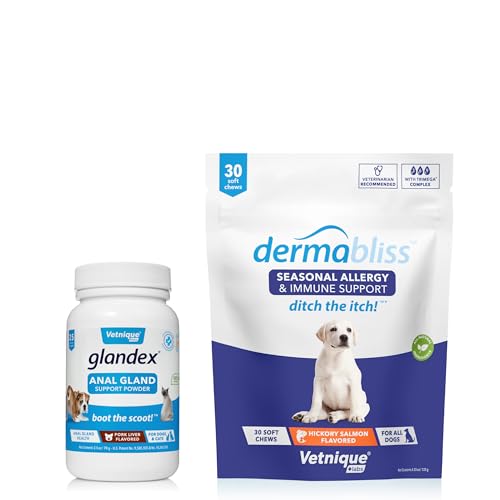 Vetnique Labs Glandex Anal Gland Support Pork Liver Powder 2.5oz and Dermabliss Allergy Chews 30 Count Bundle, Hickory Salmon Flavors, Dog Vitamins & Supplements, Dog Allergy Chews, Treatments