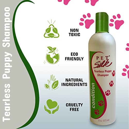 Pet Silk Tearless Puppy Shampoo 16oz, Specially Formulated Tear Free Shampoo for Sensitve Skin & Coat, Effective & Gentle, Fragrance & Dye Free for The at-Home Groomers!